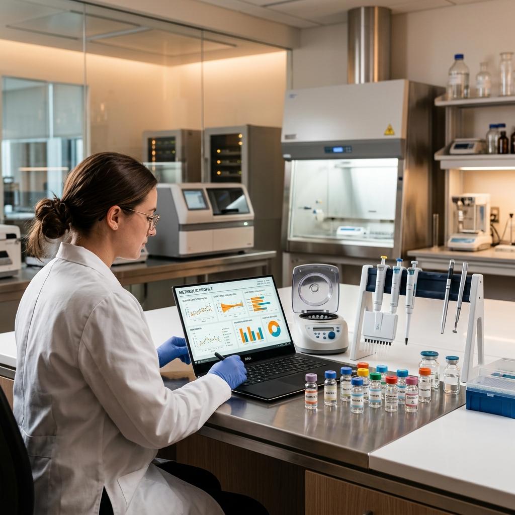 Clinical lab blood draw vials next to screen showing functional blood chemistry reference ranges