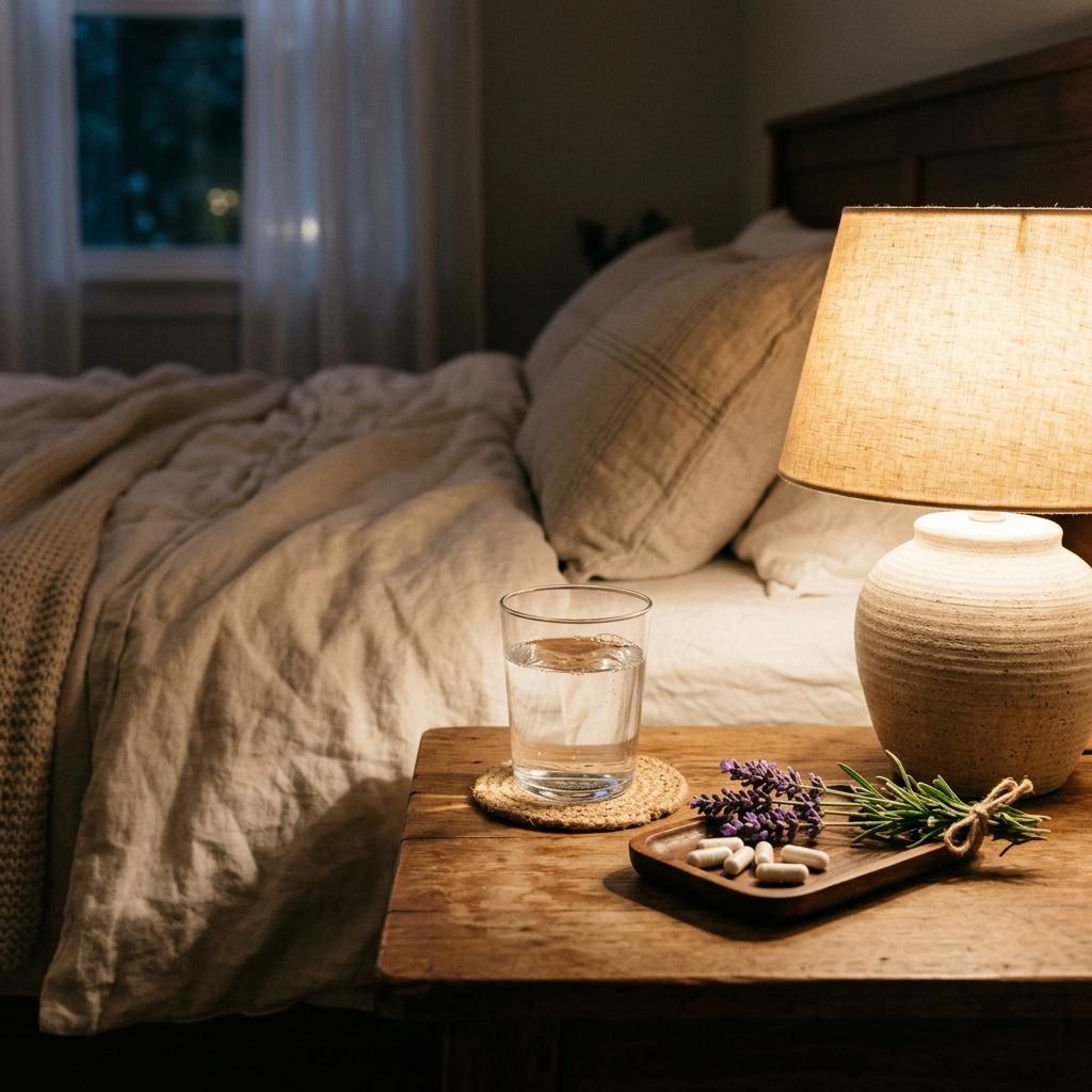 Magnesium glycinate capsules on bedside nightstand with water for evening sleep anxiety