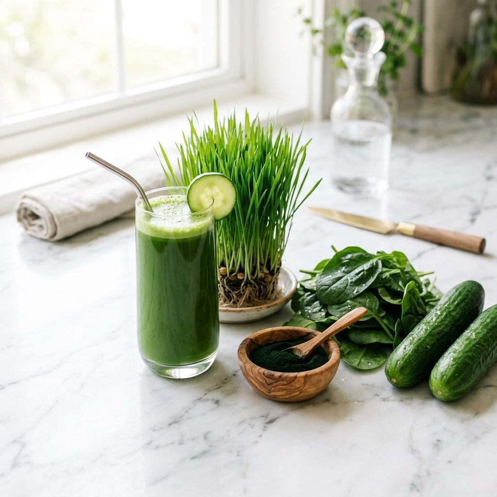 Vibrant glass of mixed green juice next to chlorella powder, cucumber, and spinach