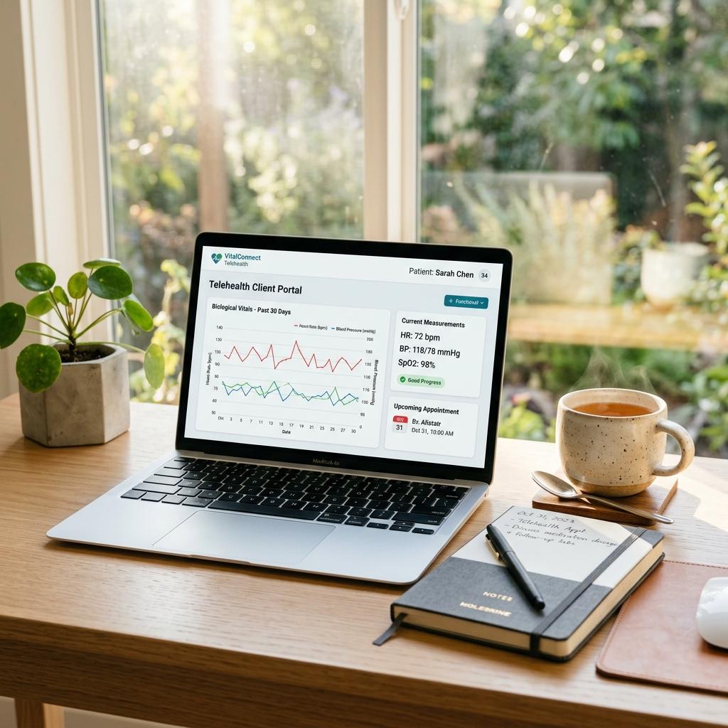 Laptop open displaying virtual holistic session portal with diagnostic health logs on desk