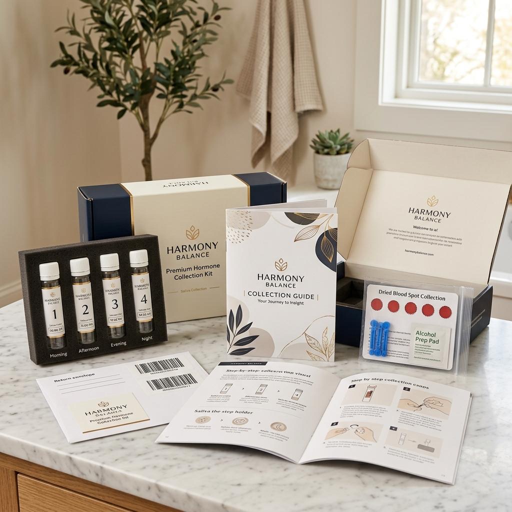At-home hormone collection kit with saliva vials for adrenal and thyroid screening
