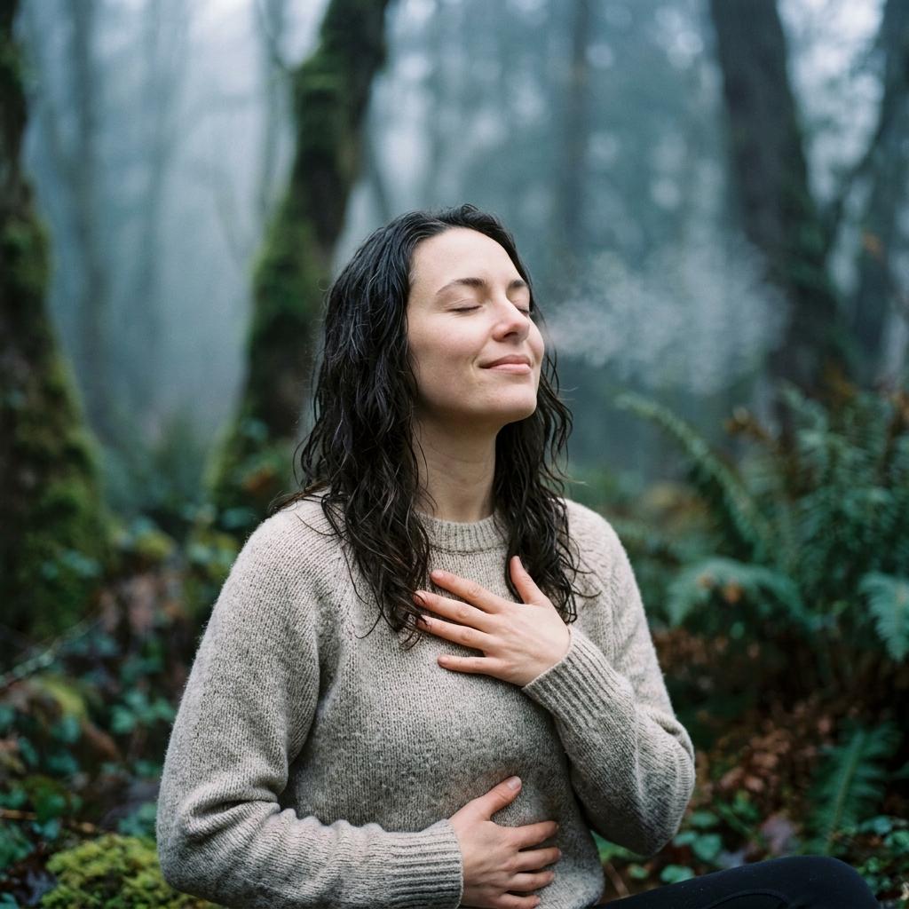 Close-up of a person practicing deep breathing for somatic vagus nerve stimulation and panic relief