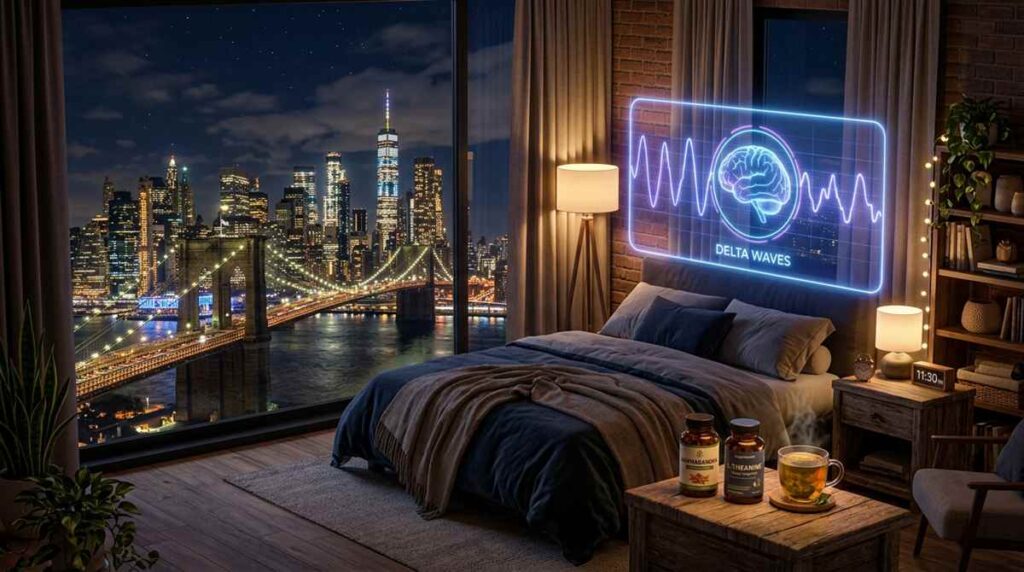ashwagandha and l theanine for sleep bedroom nightstand with delta wave hologram