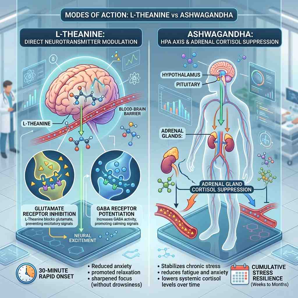 ashwagandha vs l theanine direct neurotransmitter modulation vs adrenal cortisol diagram