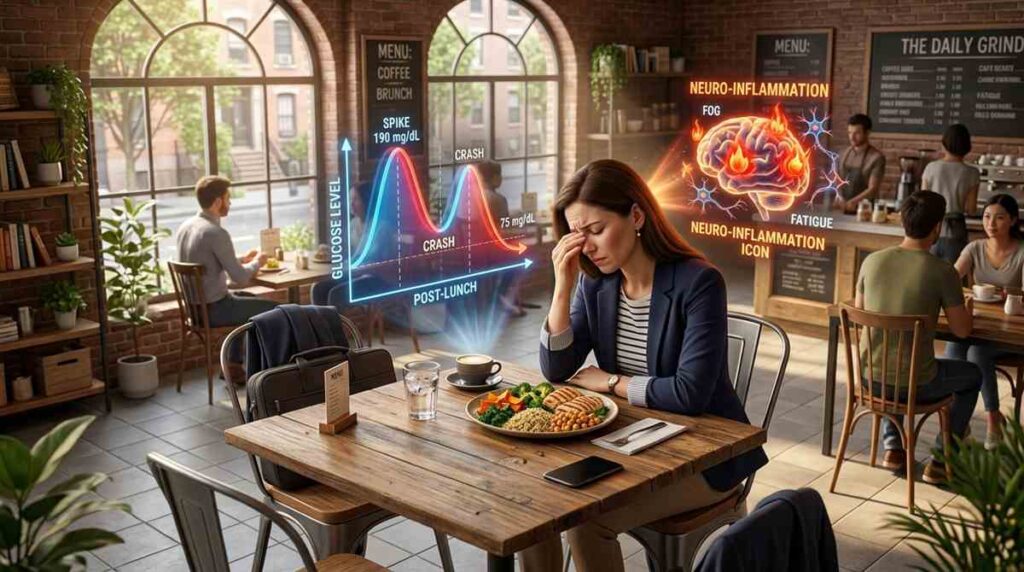 brain fog after eating professional with glucose crash hologram in Brooklyn cafe