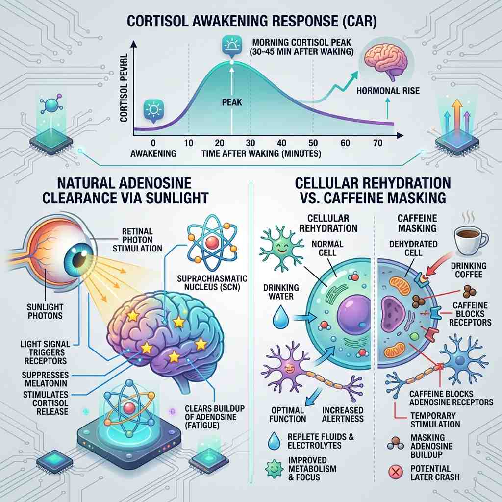eliminate morning brain fog before caffeine cortisol awakening response and adenosine diagram