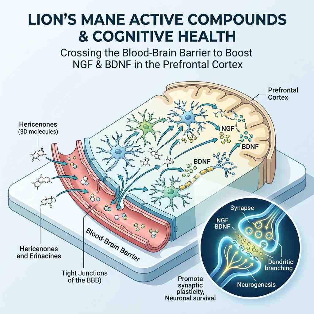 lion's mane dosage for adhd Hericenones and Erinacines stimulating NGF and BDNF diagram