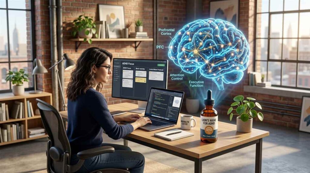 lion's mane dosage for adhd professional studying with neural hologram in Brooklyn studio