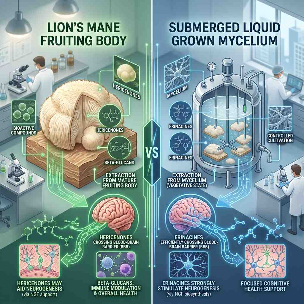 recommended daily dose of lion's mane fruiting body vs mycelium erinacines diagram