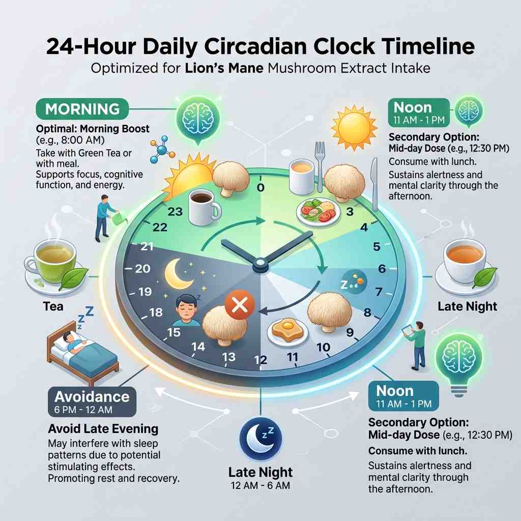 recommended daily dose of lion's mane 24 hour circadian timing clock diagram